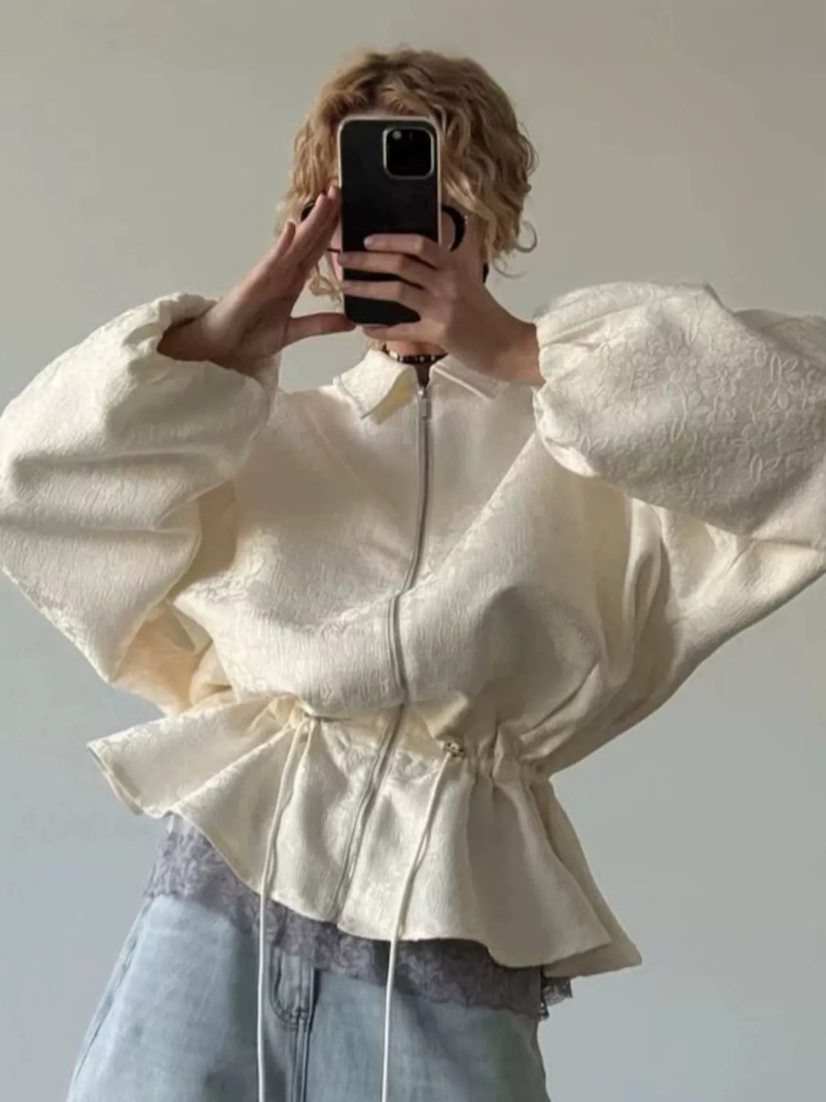 Jacquard Zip-Up Peplum Jacket