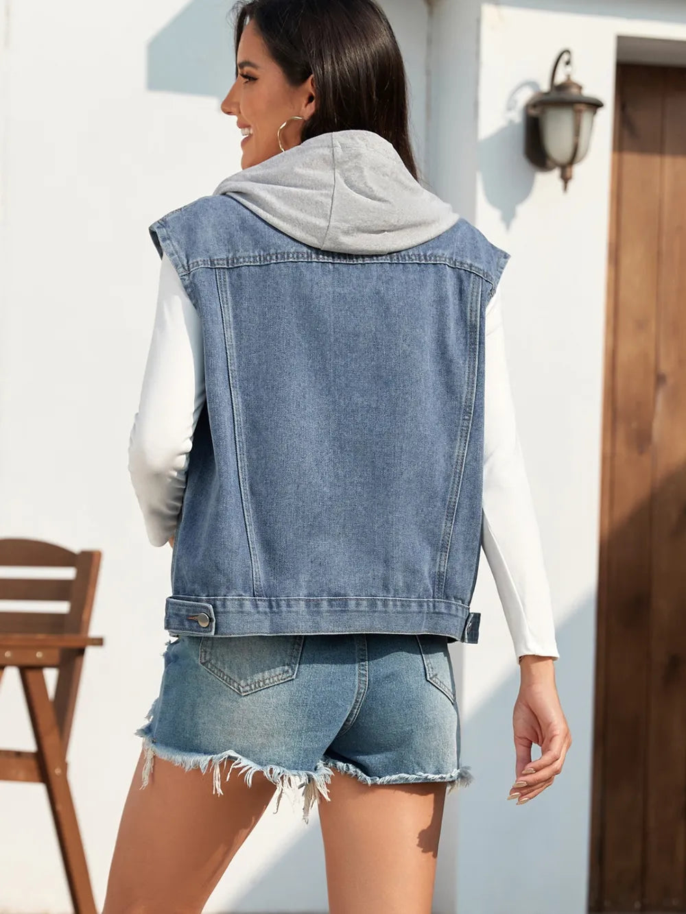 Pocketed Button Up Hooded Denim Jacket in Black, view 8