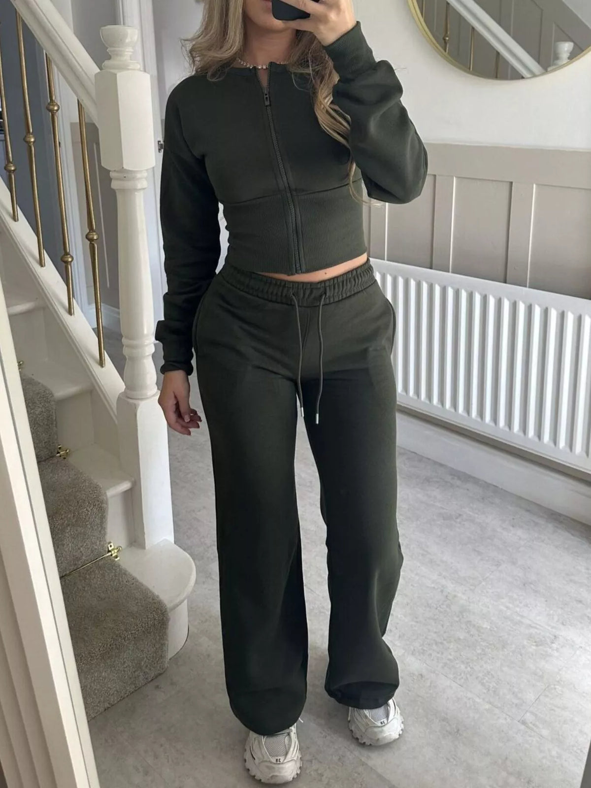 Zip-Up Crop Hoodie and High-Waisted Pants Set - Lilixa.store