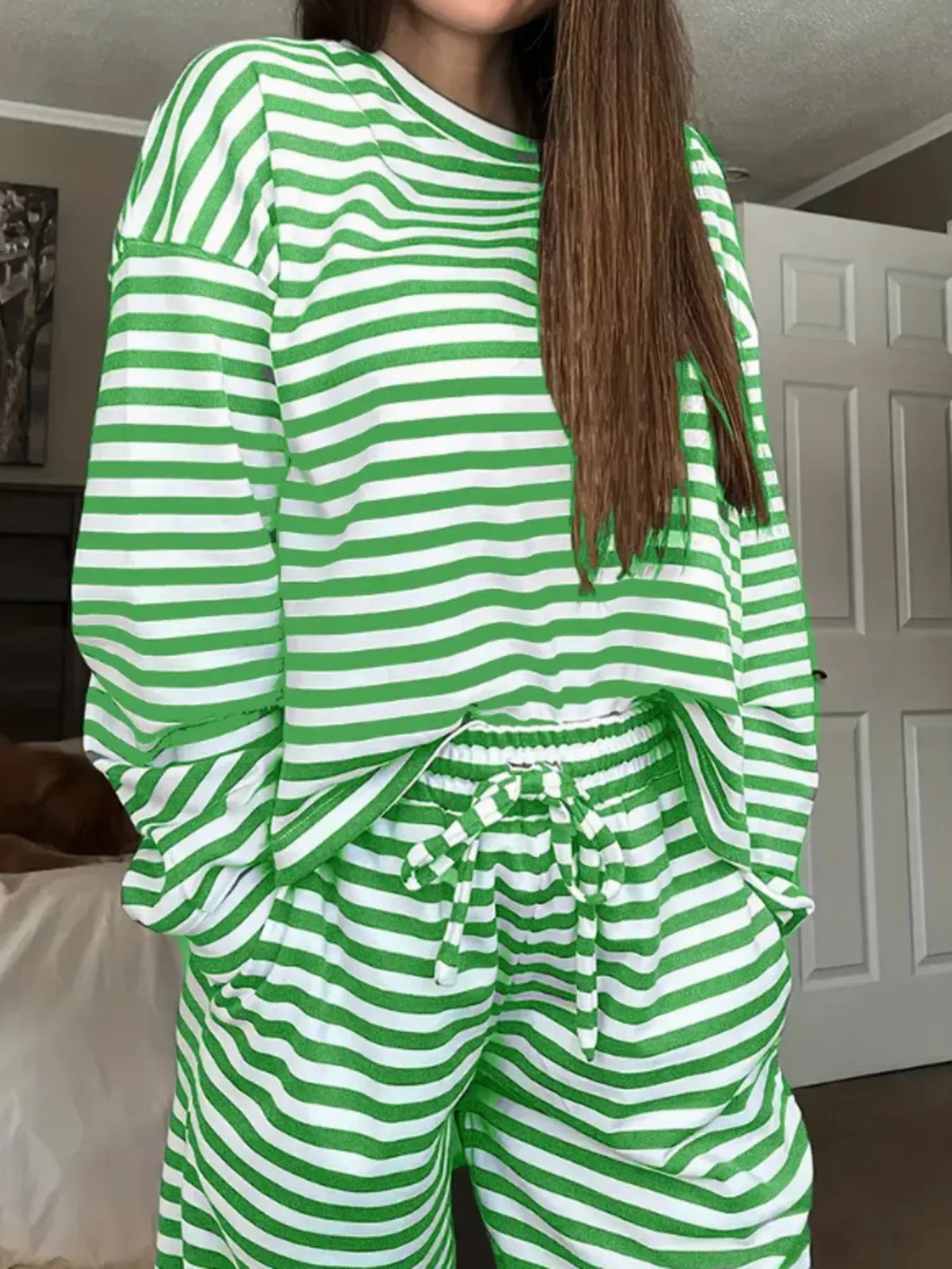 Striped Long Sleeve Top and Pants Set in Green