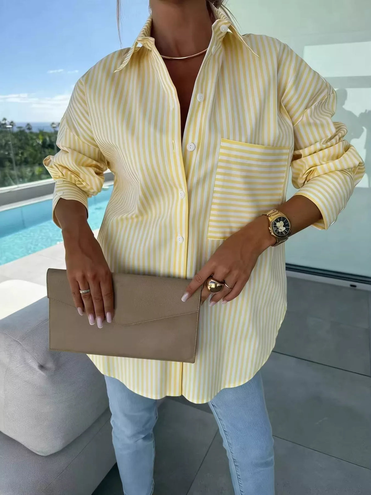 Striped Button Up Long Sleeve Shirt in Yellow