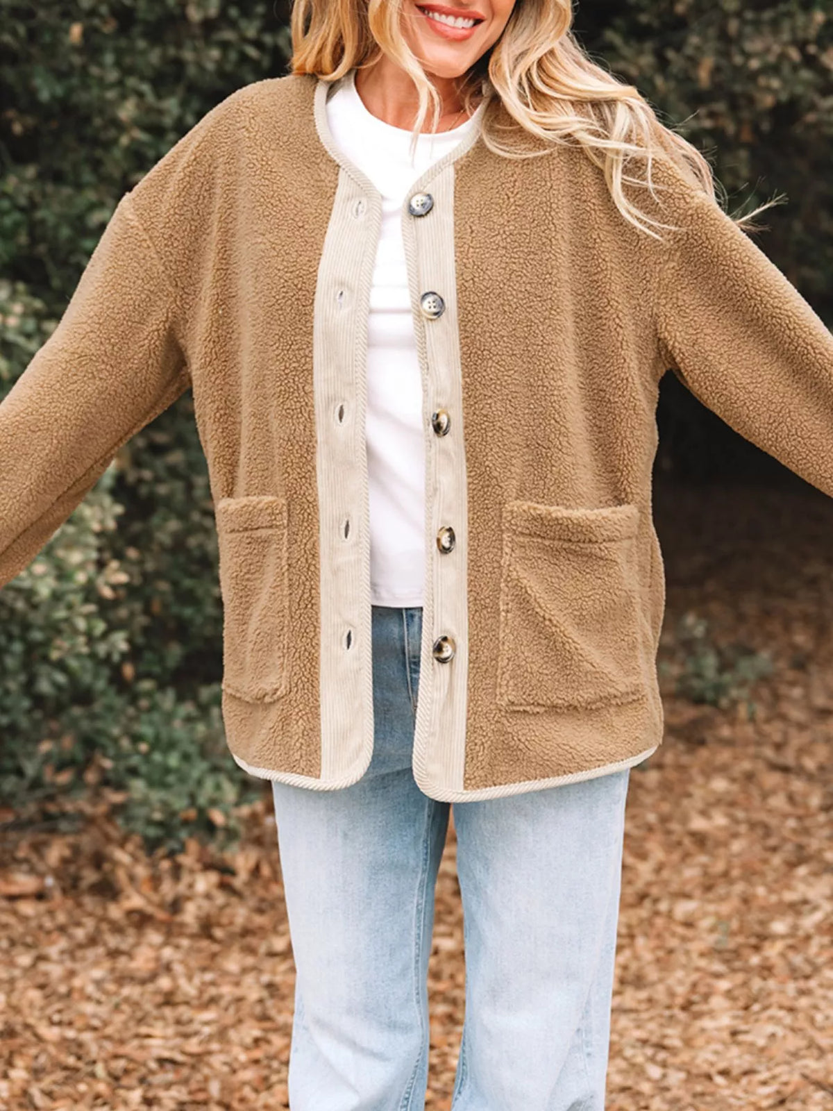Puffy Plush Corduroy Edge Patchwork Jacket with Pockets in Camel, view 5