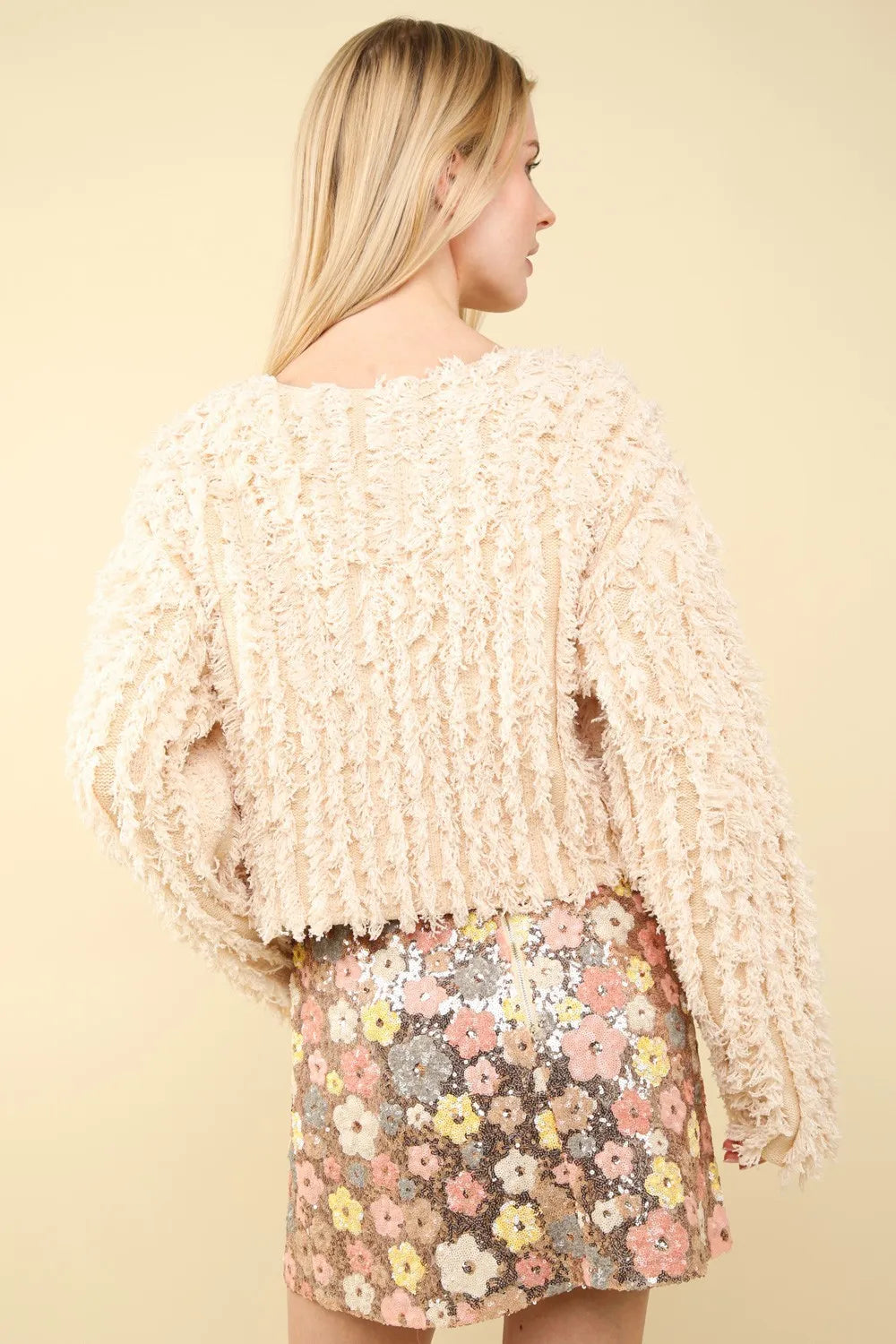 VERY J Shaggy Yarn Knit Zip Up Jacket in Cream, view 2