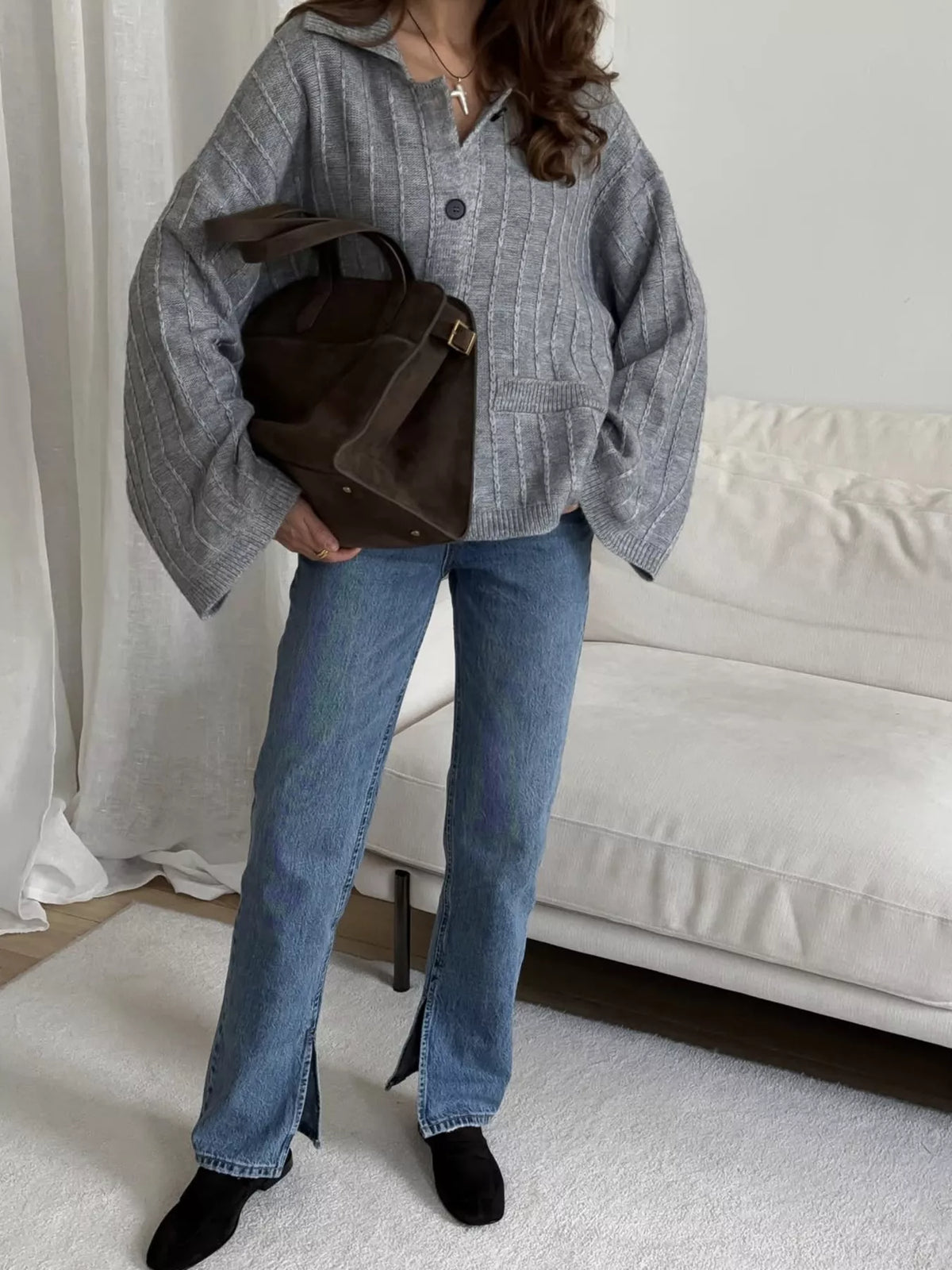 Texture Knit Cardigan with Wide Sleeves and Collar, view 3