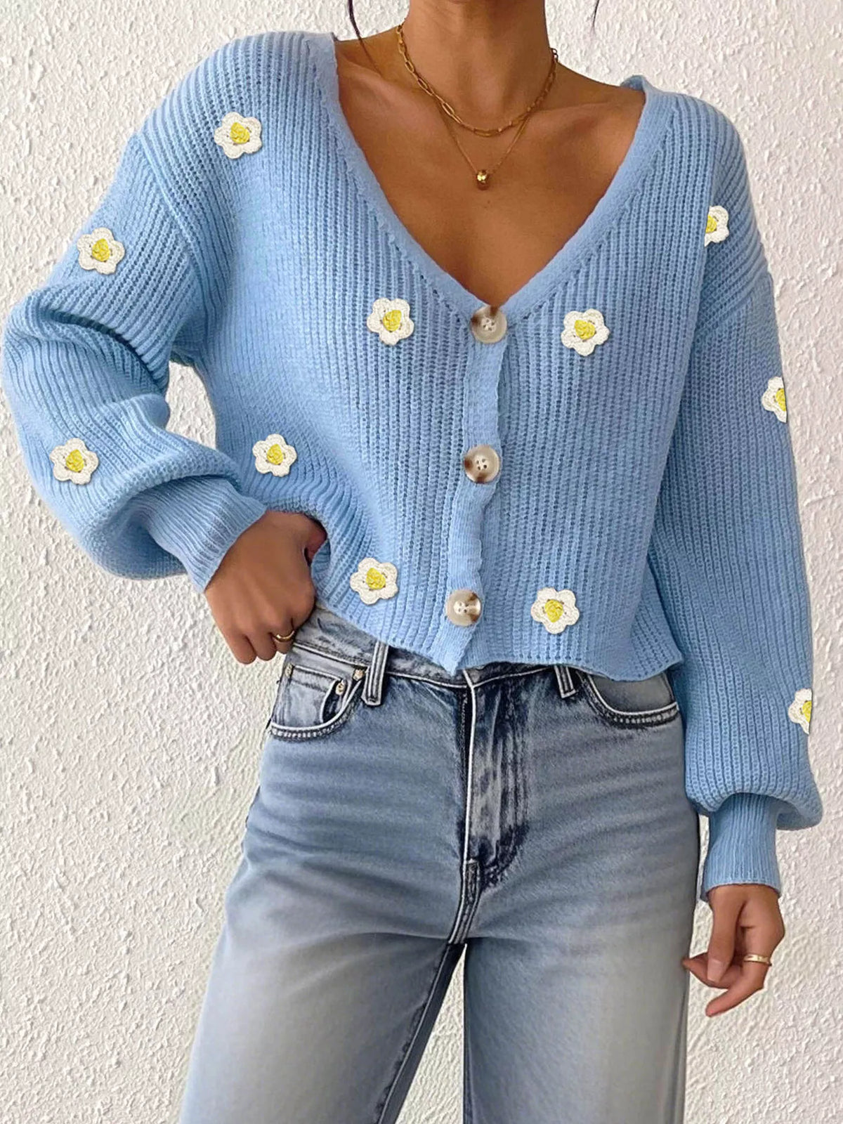 Floral V-Neck Button-Down Cropped Cardigan - Lilixa.store