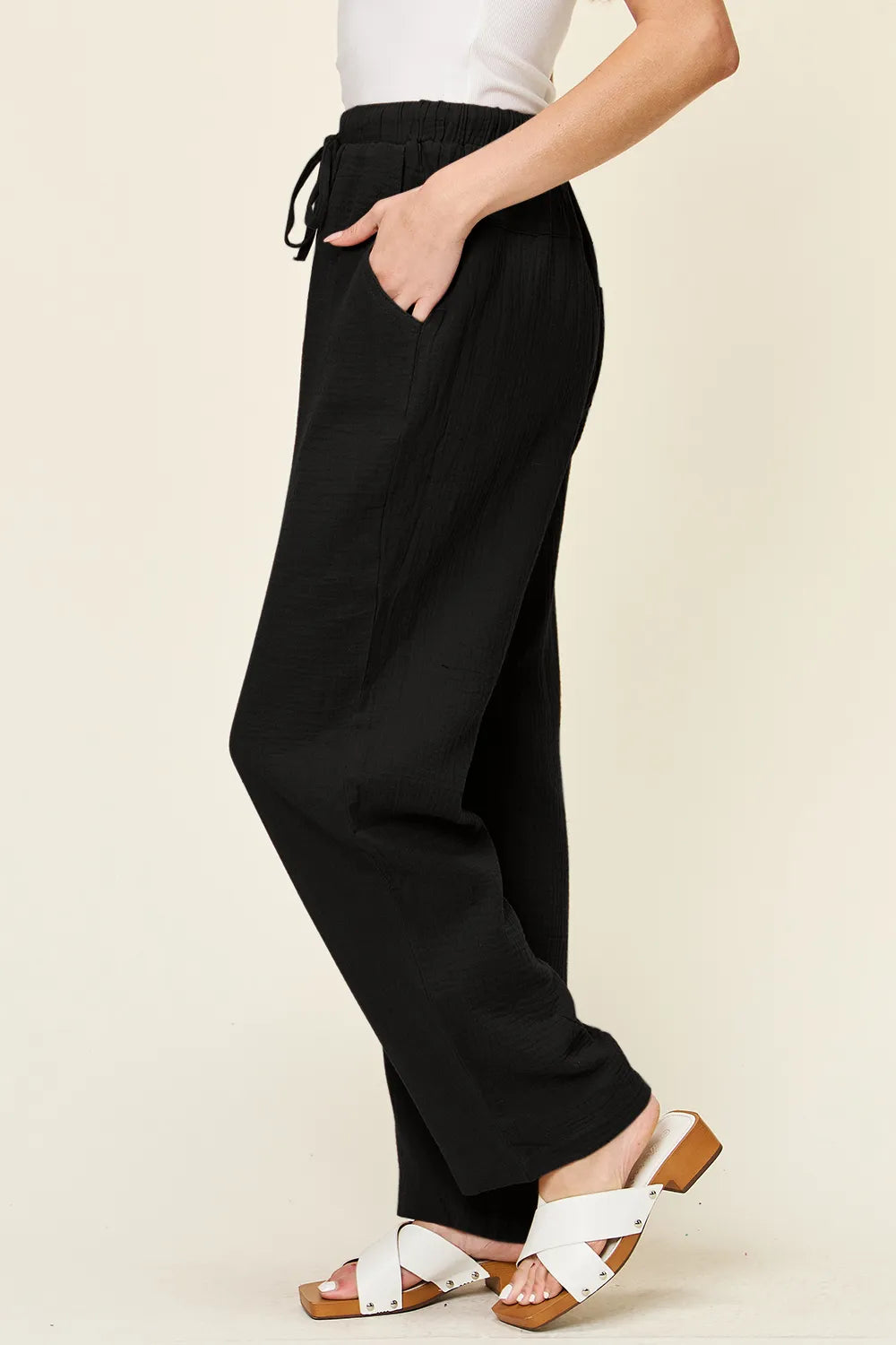 Double Take Full Size Texture Drawstring Straight Pants - Lilixa.store