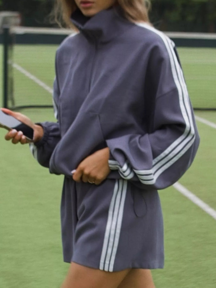 Side Stripe Detail Cropped Sporty Jacket and Shorts Set in Grey