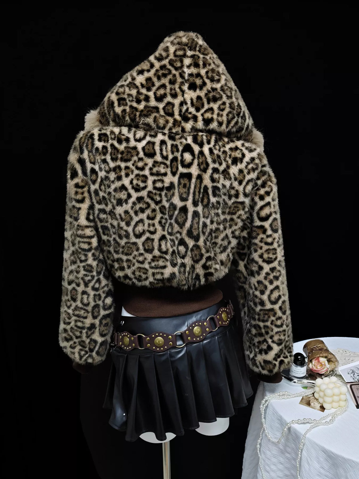 Leopard Faux Fur Hooded Outerwear in Brown, view 5