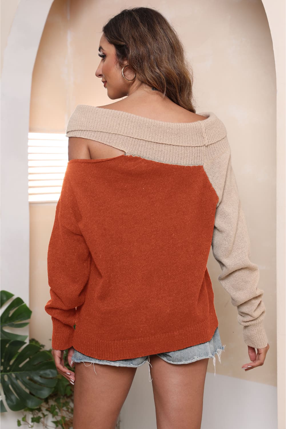 Asymmetrical Long Sleeve Two-Tone Cutout Sweater, view 8