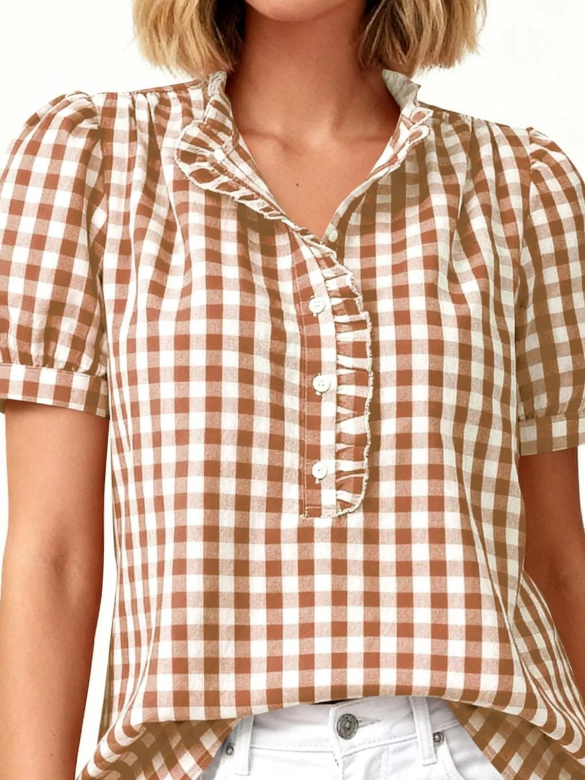 Gingham Button Front Puff Sleeve Blouse, view 4