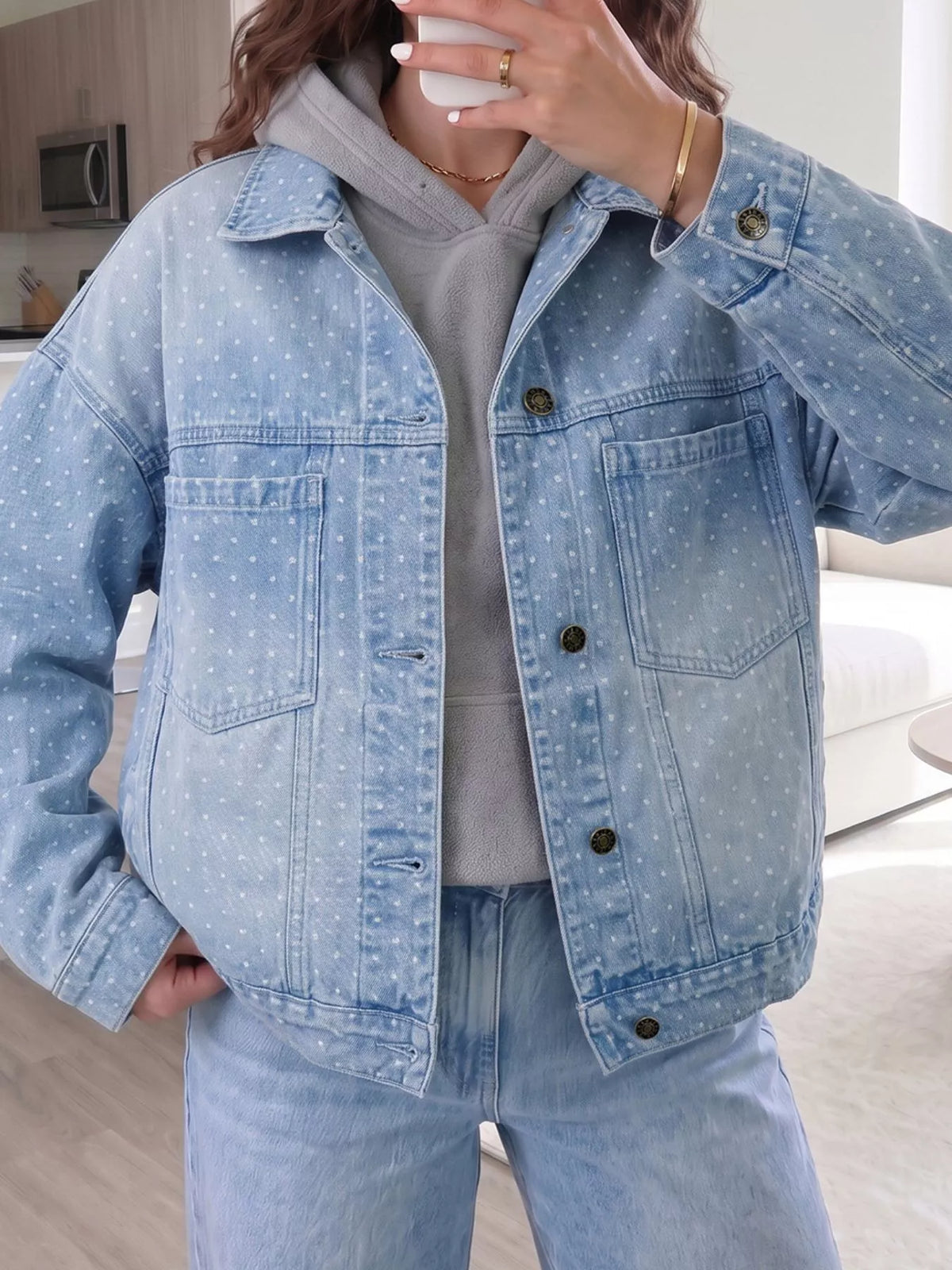 Polka Dot Long Sleeve Collar Pocket Casual Shift Silhouette Denim Jacket in Light Blue, view 4