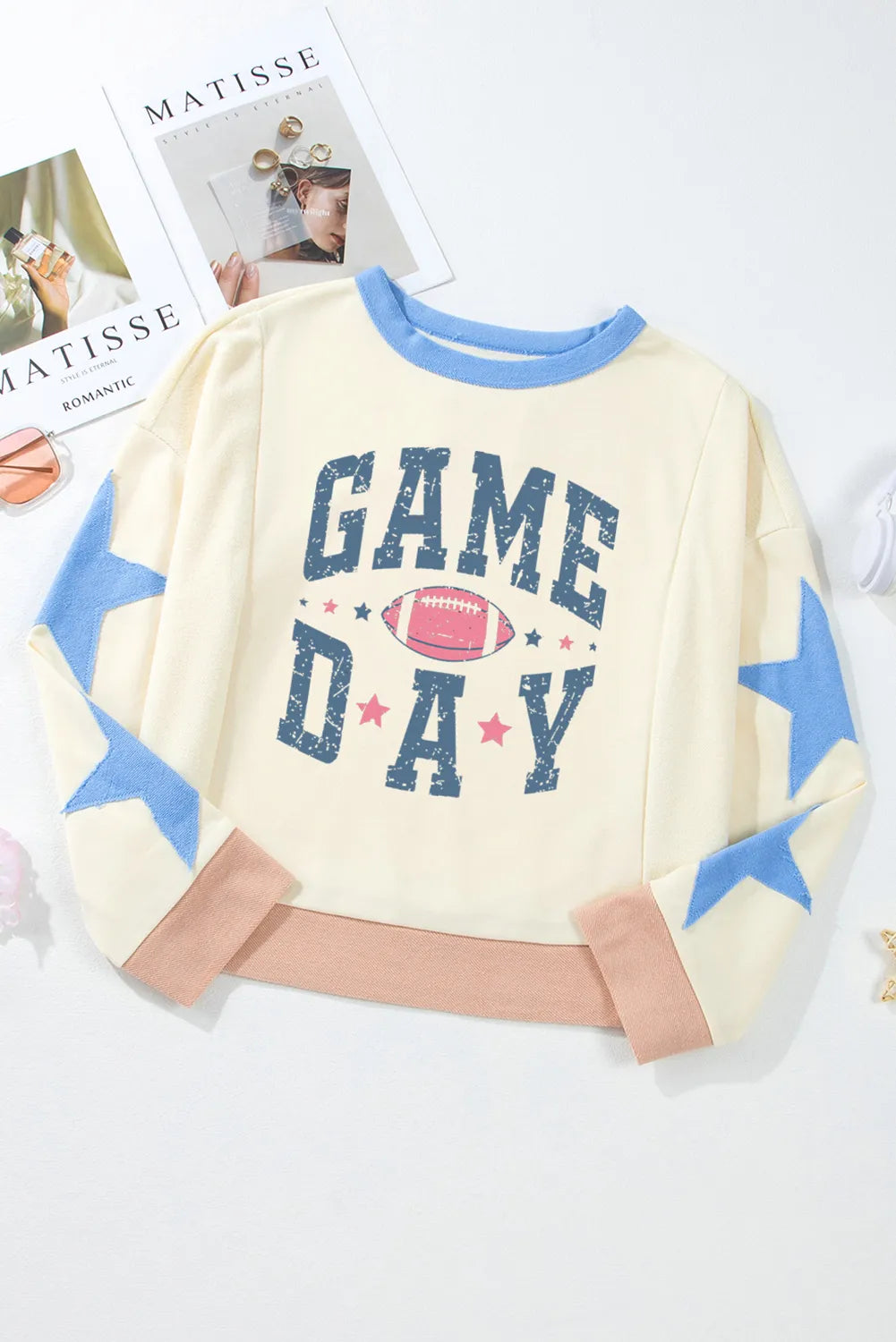 GAME DAY Star Patch Round Neck Long Sleeve Sweatshirt - Lilixa.store