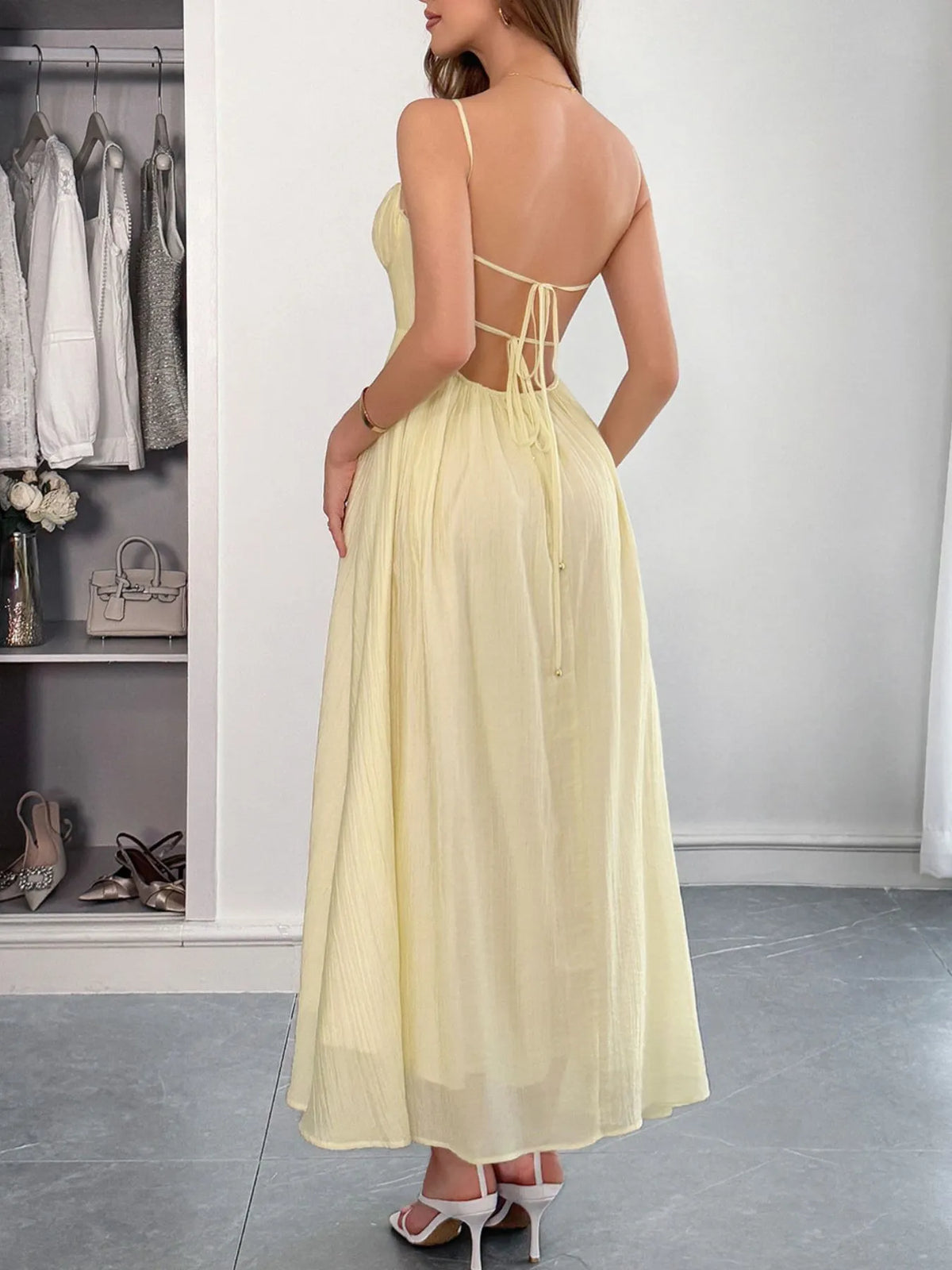 Texture Sweetheart Neck Backless Cami Dress - Lilixa.store