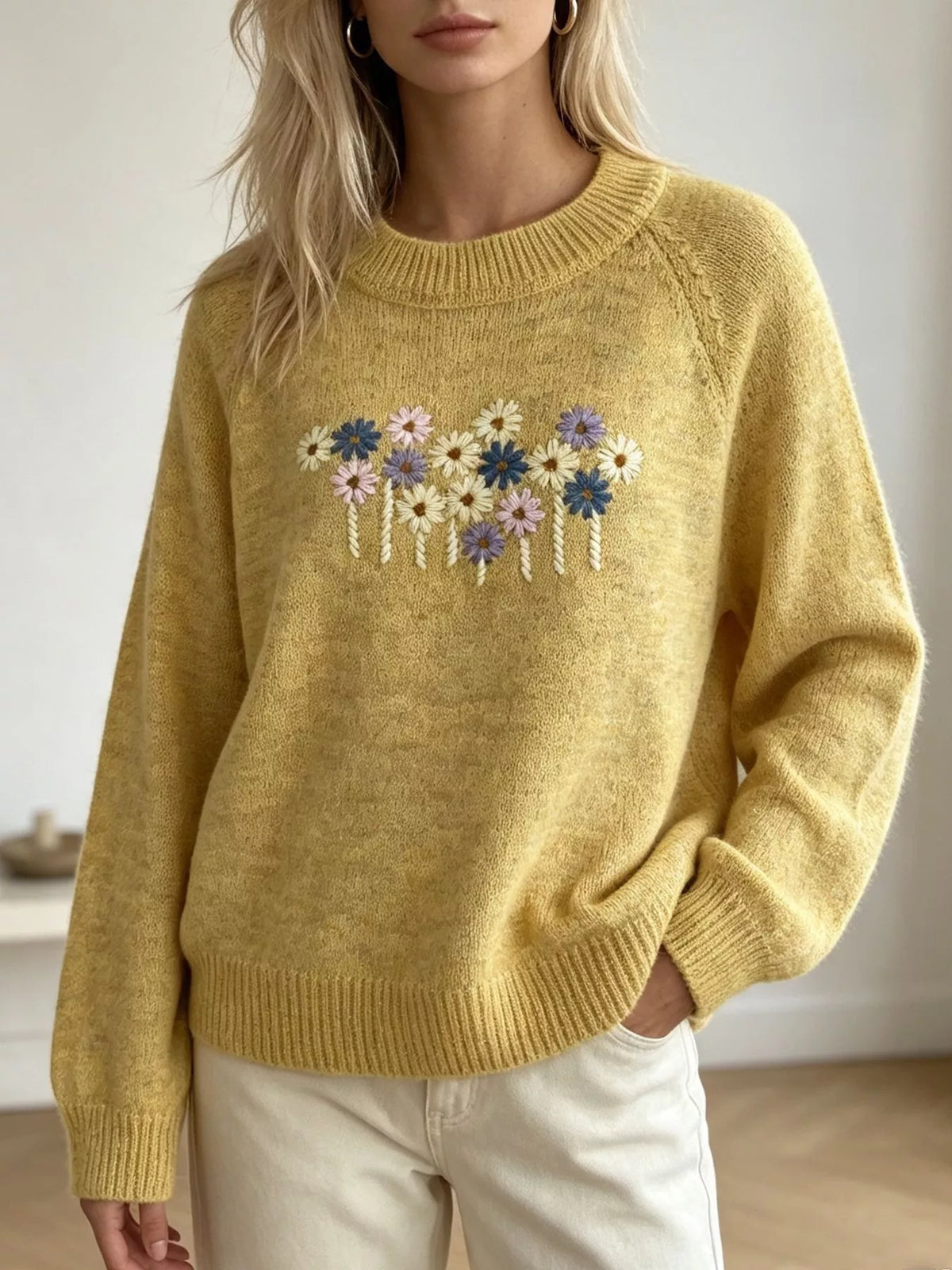Floral Embroidered Round Neck Sweater in Yellow