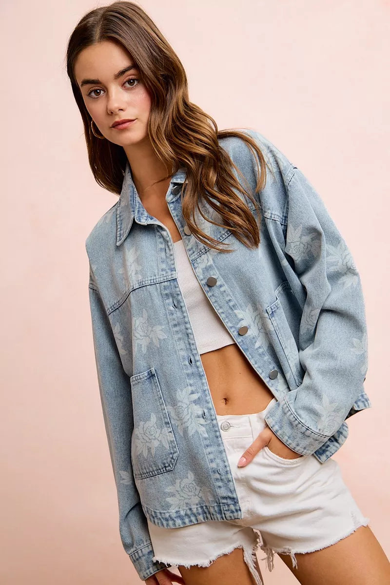 BiBi Printed Washed Denim Jacket With Pocket, view 9