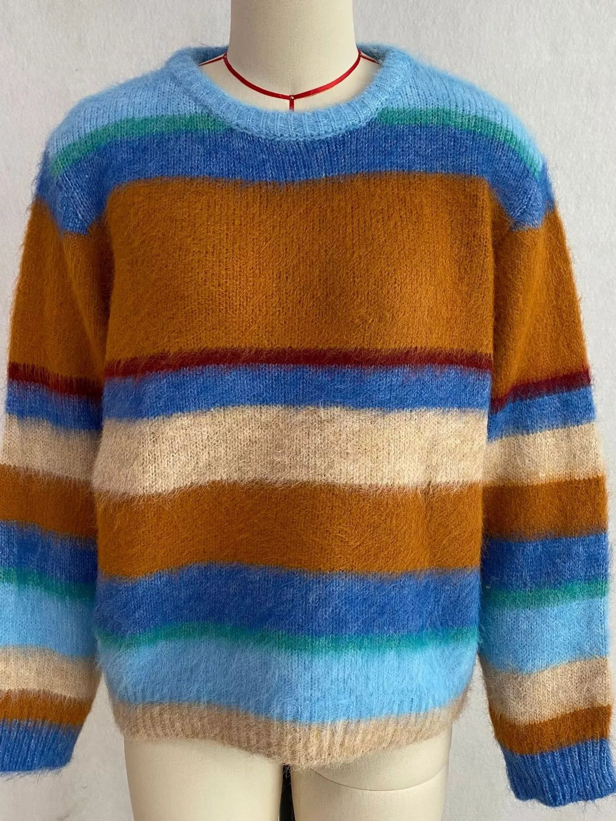 Fuzzy Striped Crew Neck Sweater in Blue, view 6