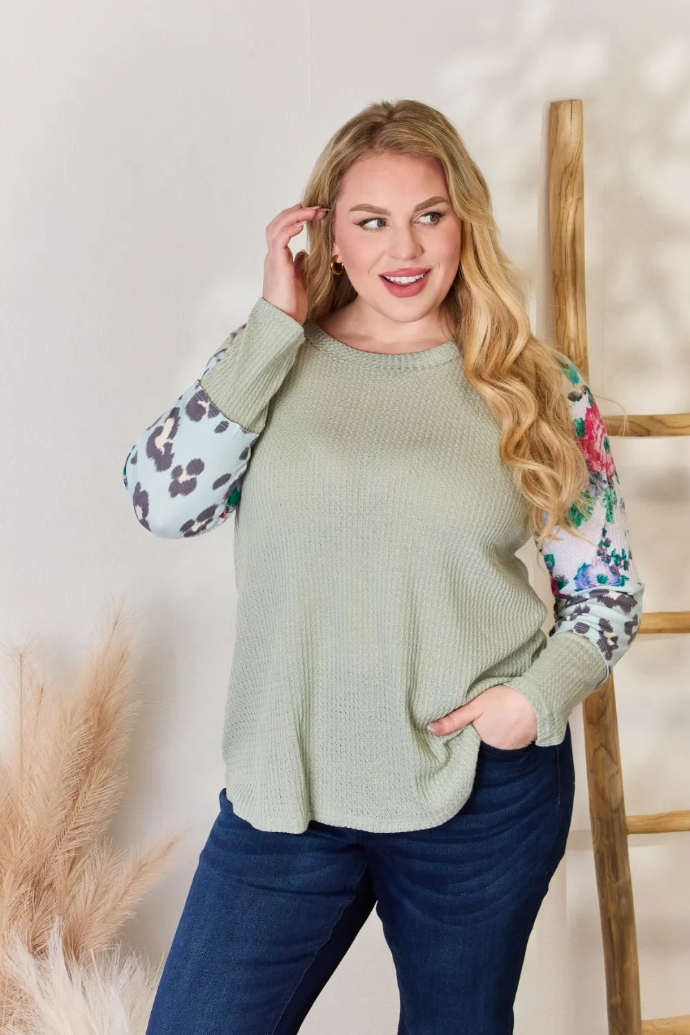 Hailey & Co Full Size Printed Round Neck Blouse - Lilixa.store