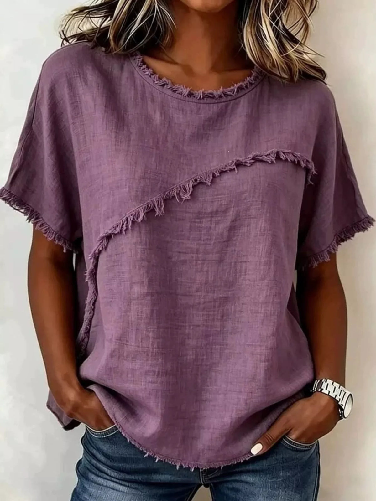 Full Size Frayed Hem Short Sleeve Top Plus Size - Lilixa.store