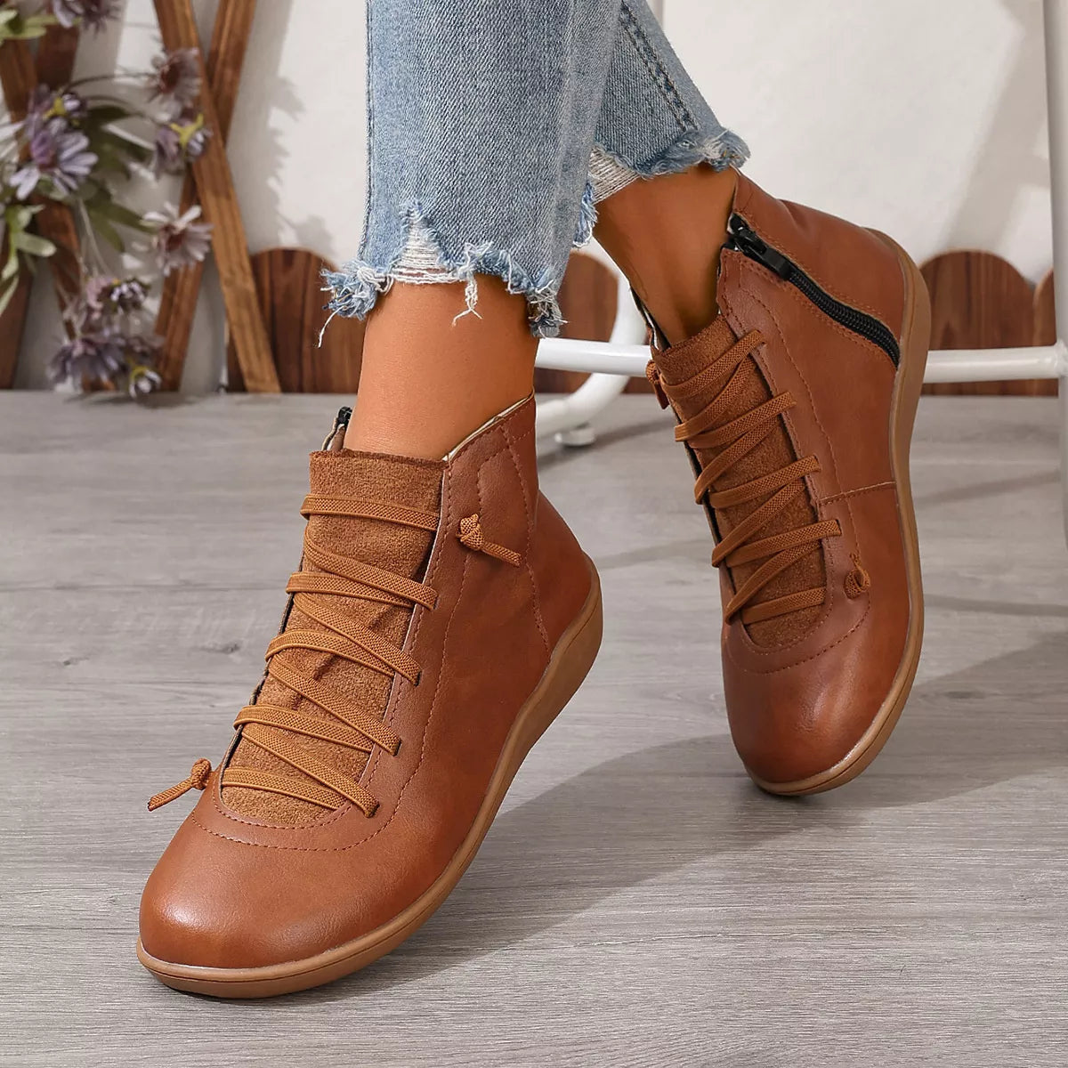 Lace-Up Faux Leather Ankle Boots - Lilixa.store