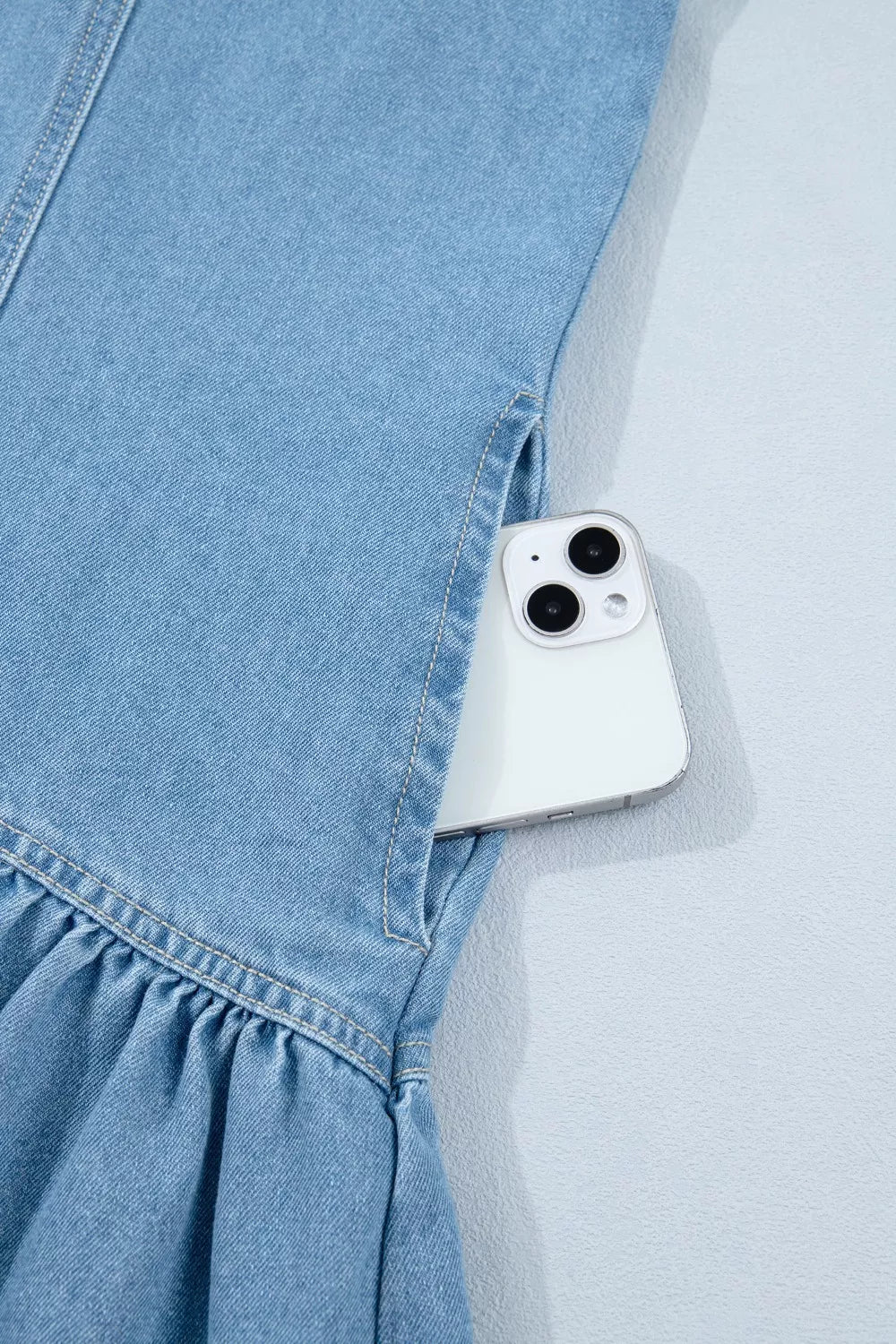 Button Down Short Puff Sleeve Ruffle Hem Denim Dress in Light Blue, view 11