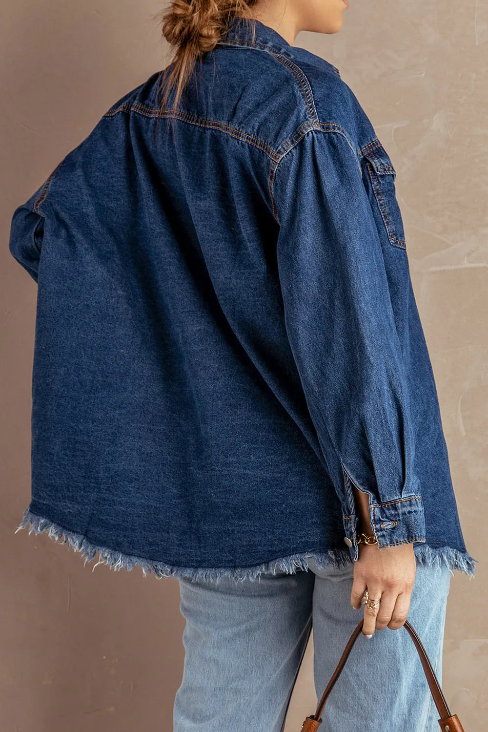 Button Up Pocketed Raw Hem Denim Jacket, view 8