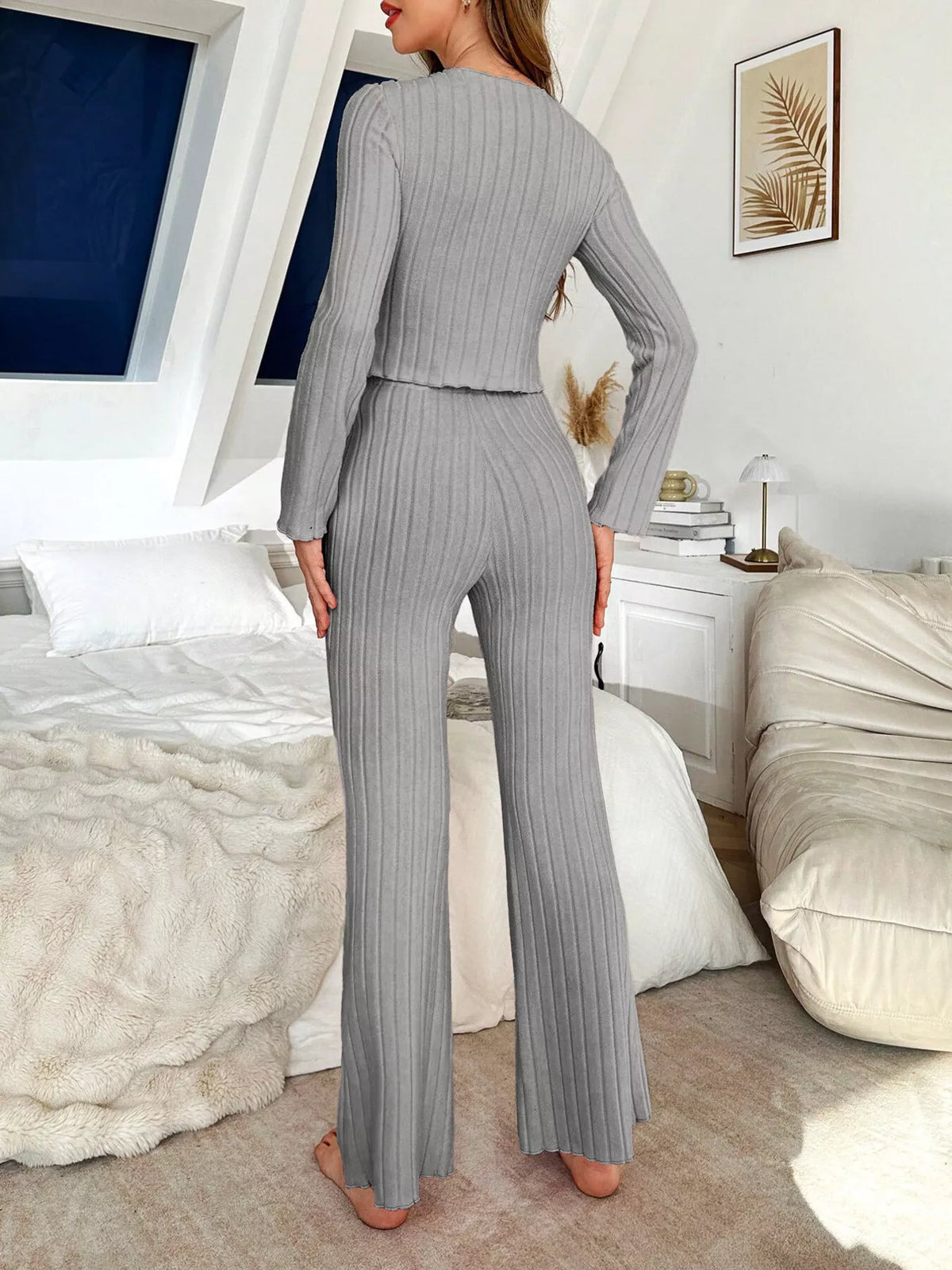 Bow Detail Ribbed Knit Top and Pants Lounge Set - Lilixa.store