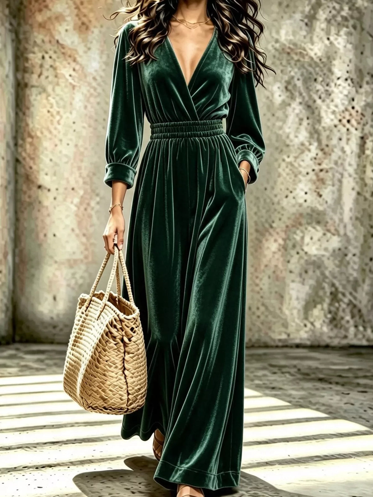Velvet Surplice Long Sleeve Jumpsuit - Lilixa.store