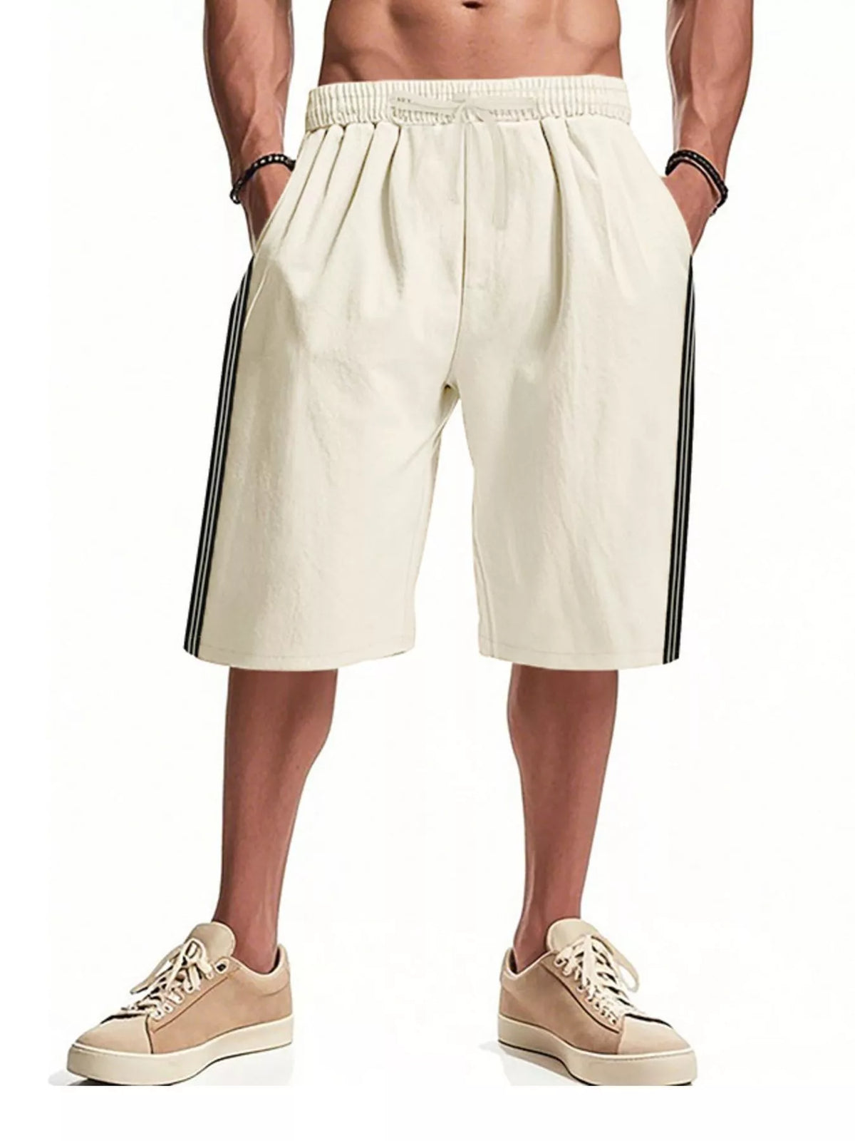 Men's Full Size Casual Striped Shorts Plus Size in Apricot