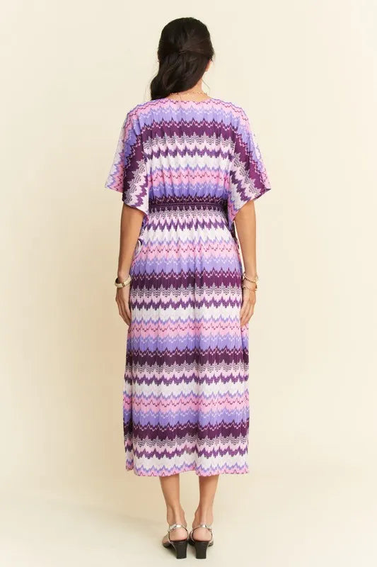 Davi & Dani Multi Color Wavy Tie Waist Flowy Sleeve Dress - Lilixa.store