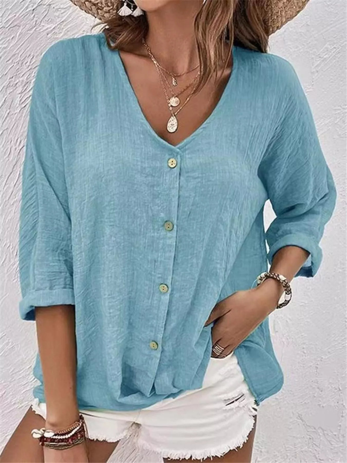 Full Size Casual V-Neck Button-Down Blouse Plus Size in Blue