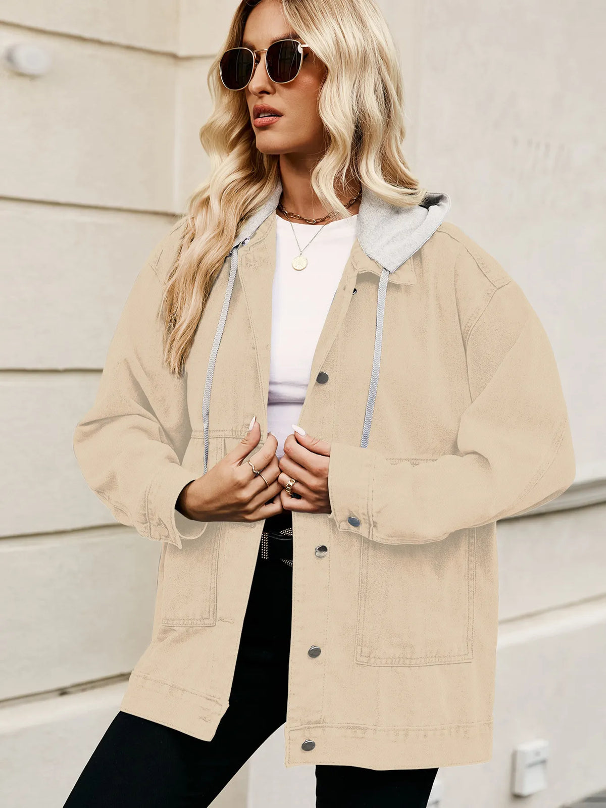 Oversized Button Up Denim Jacket with Hood in Tan