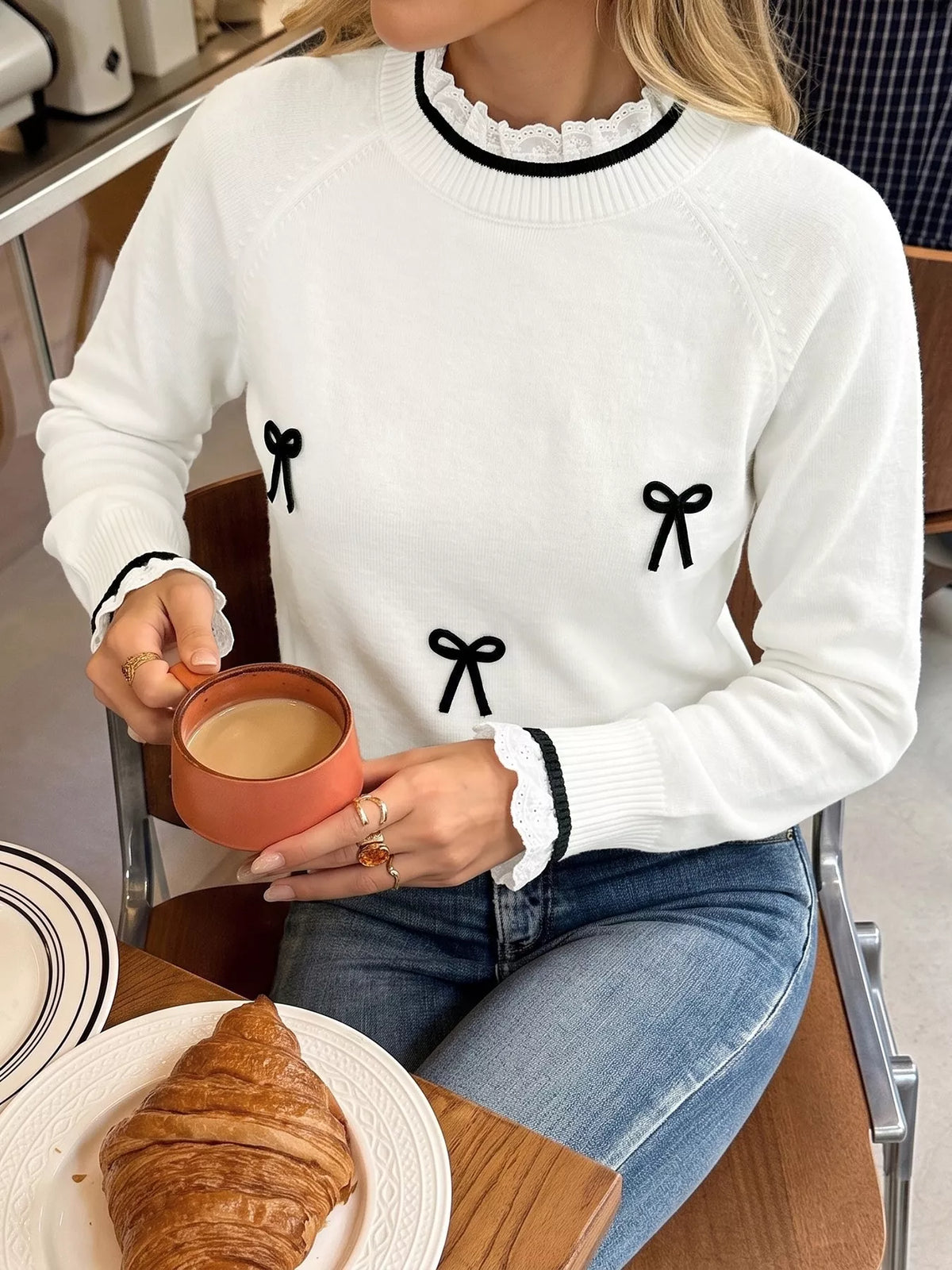 Bow-Embellished Lace Trim Sweater in White, view 4