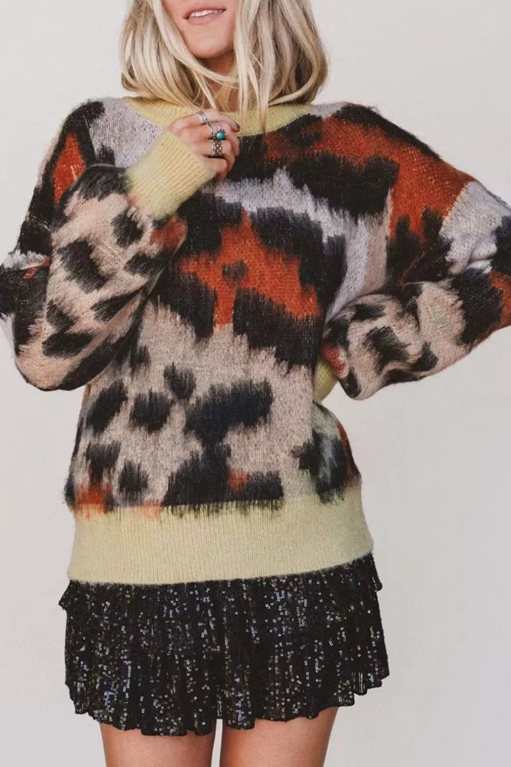 Leopard Print Drop Shoulder Long Sleeve Round Neck Sweater - Lilixa.store