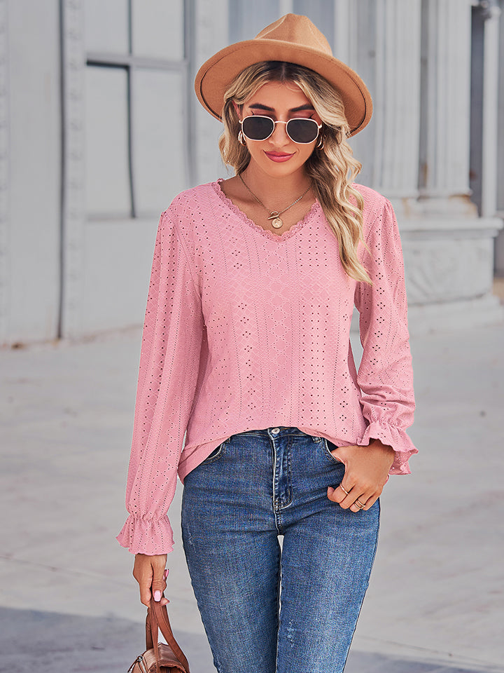 Eyelet V-Neck Flounce Sleeve Blouse - Lilixa.store