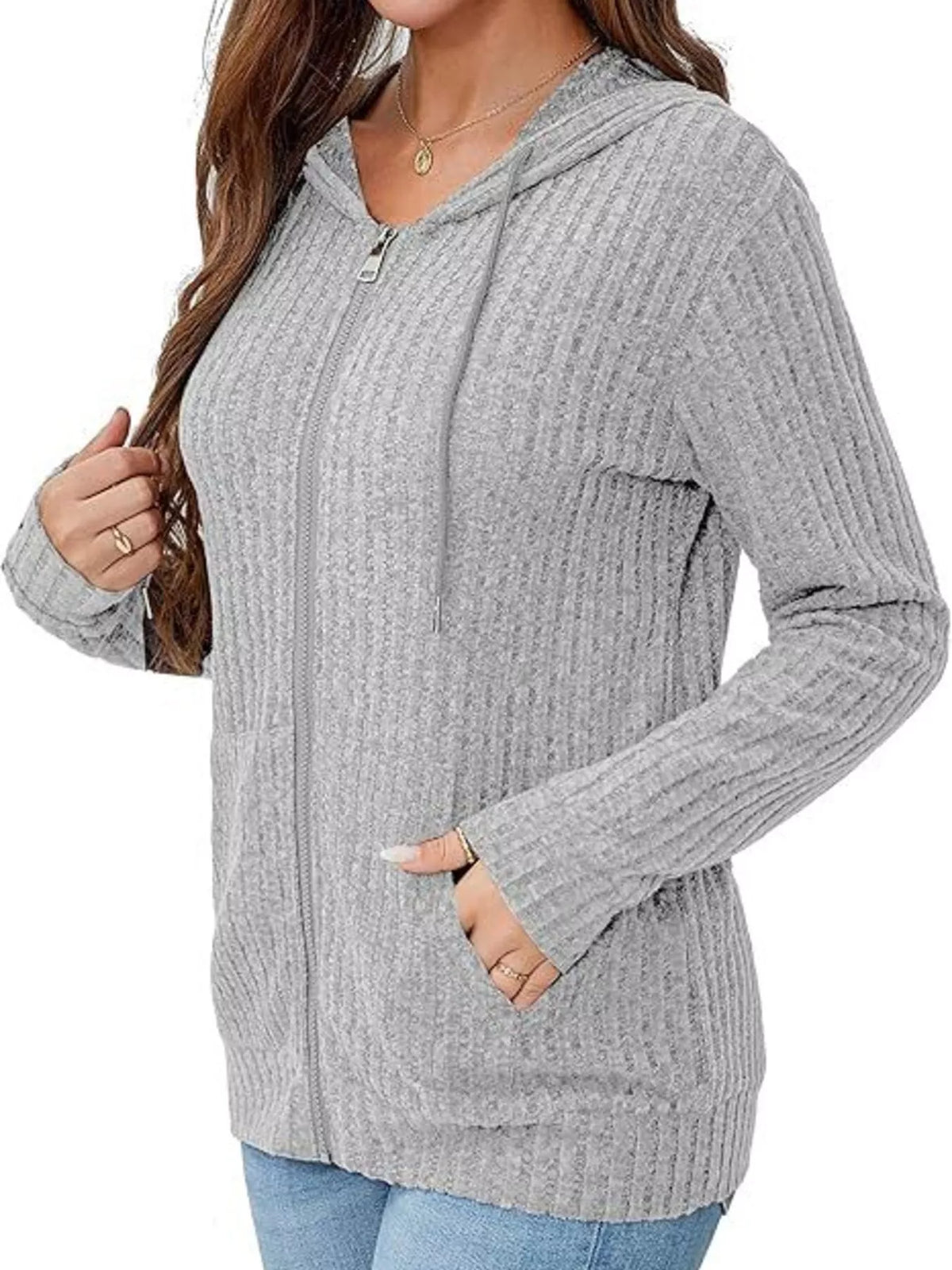 Ribbed Zip Up Hooded Outerwear - Lilixa.store