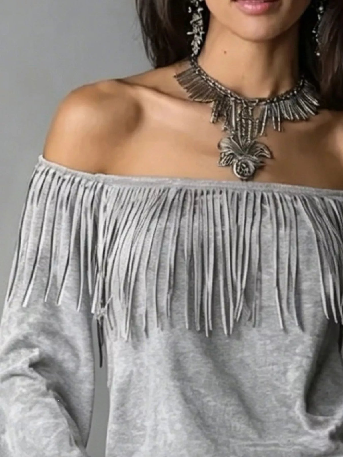 Boho Chic Off-Shoulder Fringed Suede Top, view 7