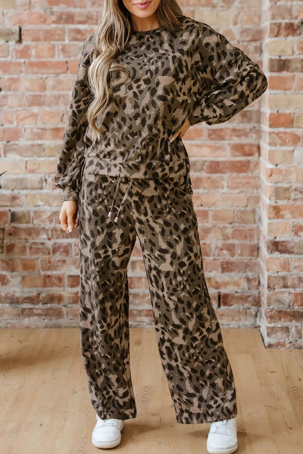 Leopard Print Long Sleeve Top and Pants Set in Brown