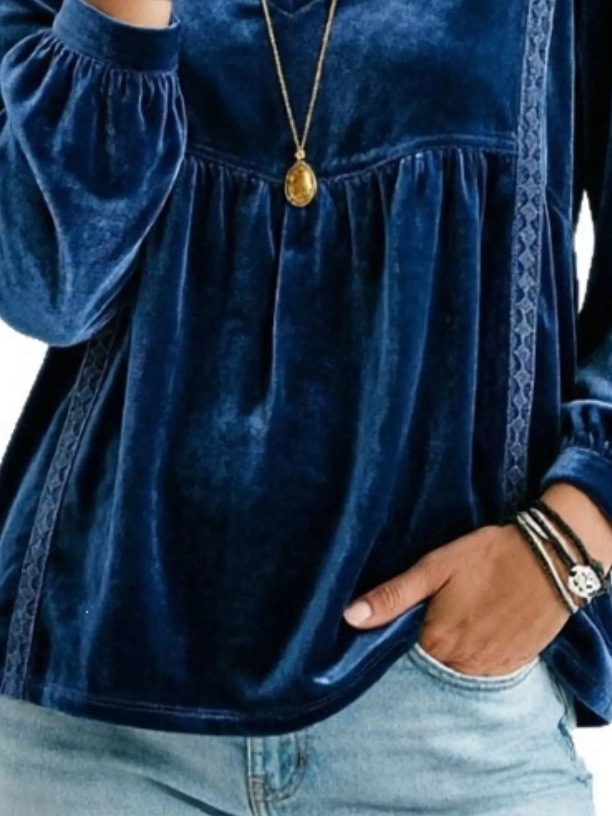 Full Size V-Neck Long Sleeve Velvet Blouse with Lace Trim Plus Size - Lilixa.store