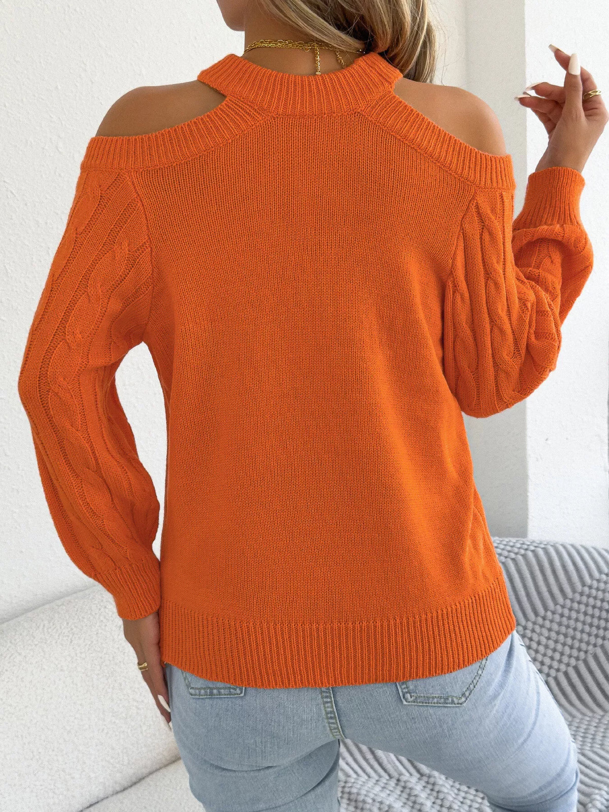 Cold Shoulder Cable Knit Sweater