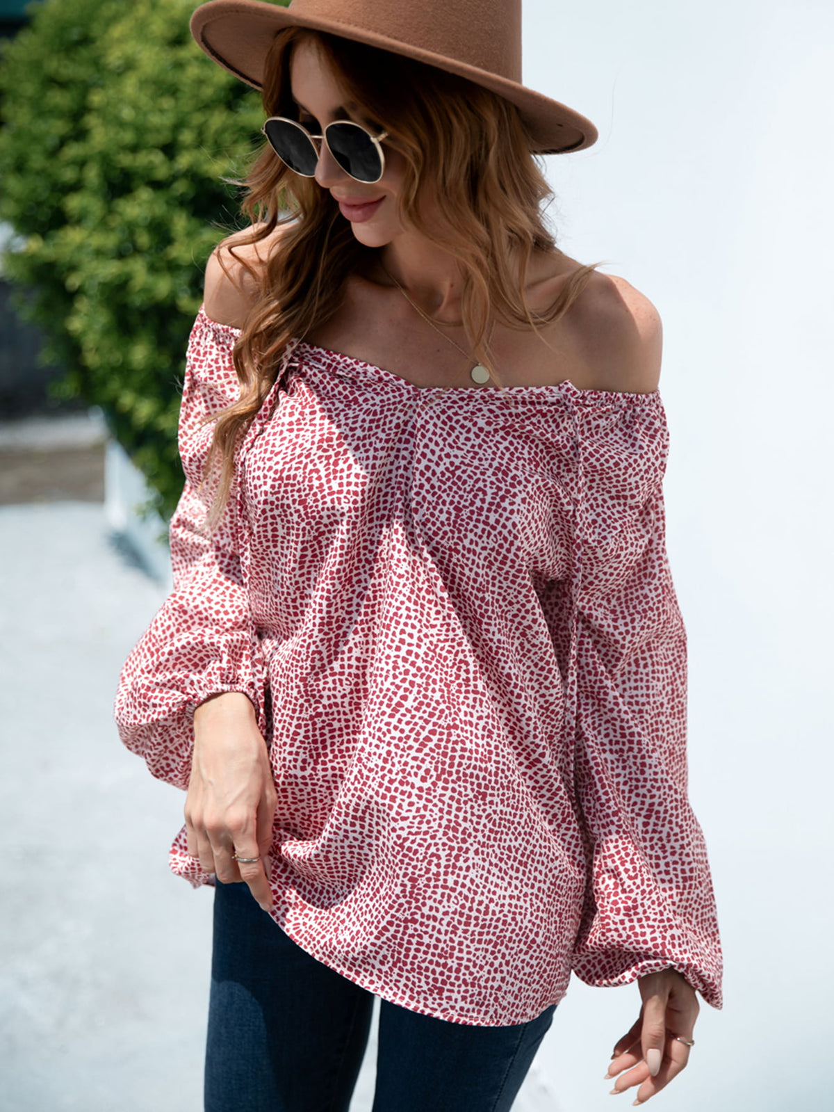 Printed Tie-Neck Balloon Sleeve Blouse in Deep Red