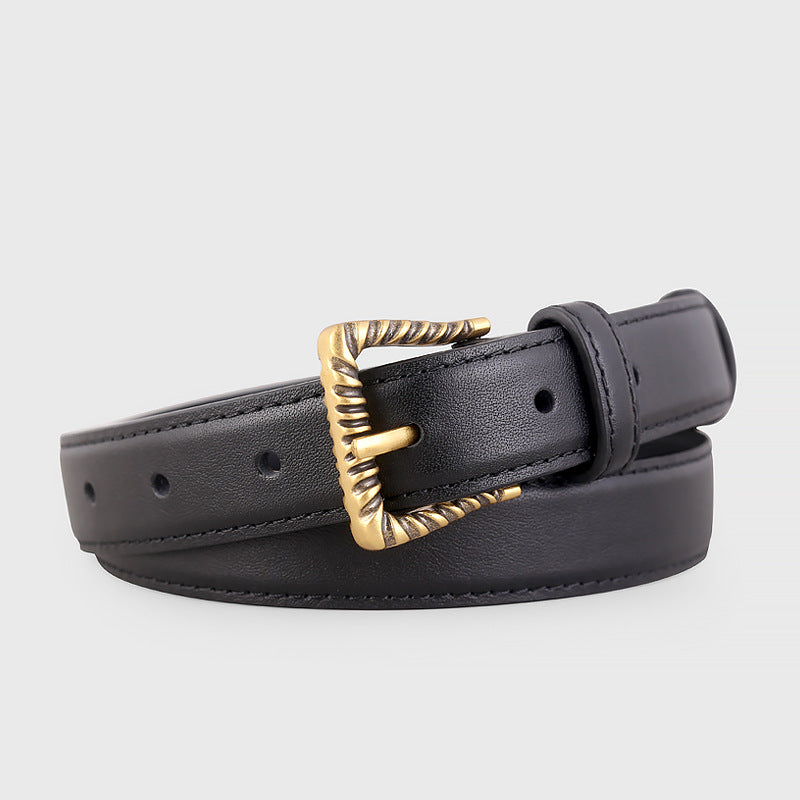 Leather Belt with Textured Gold Buckle in Black