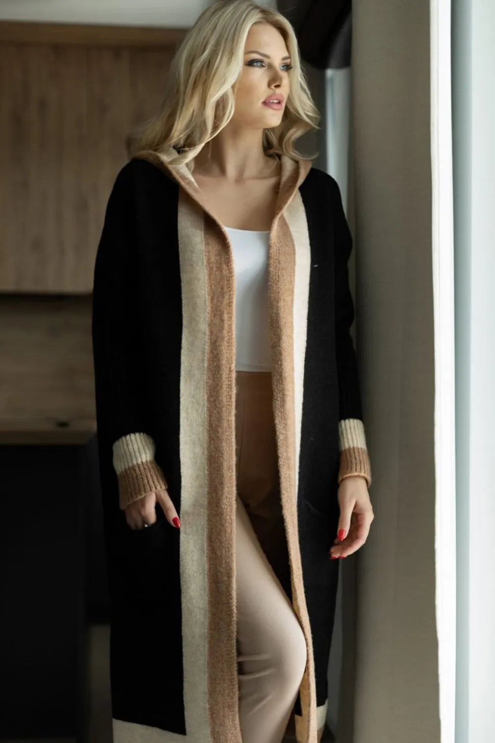 Pocketed Contrast Long Sleeve Hooded Cardigan - Lilixa.store