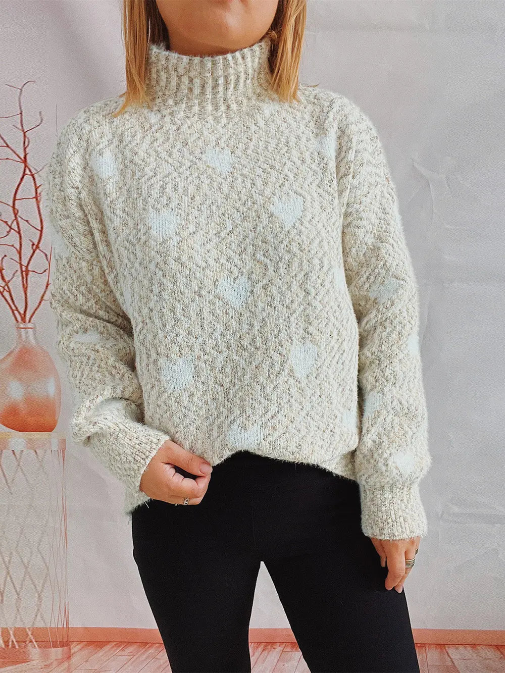 Heart Heathered Turtleneck Drop Shoulder Sweater in Cream