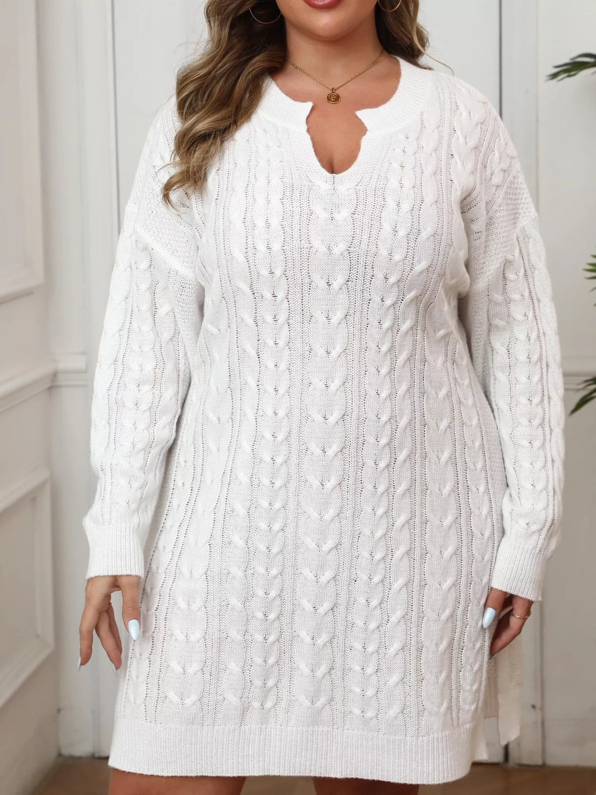 Plus Size Cable Knit Long Sleeve Sweater Dress - Lilixa.store
