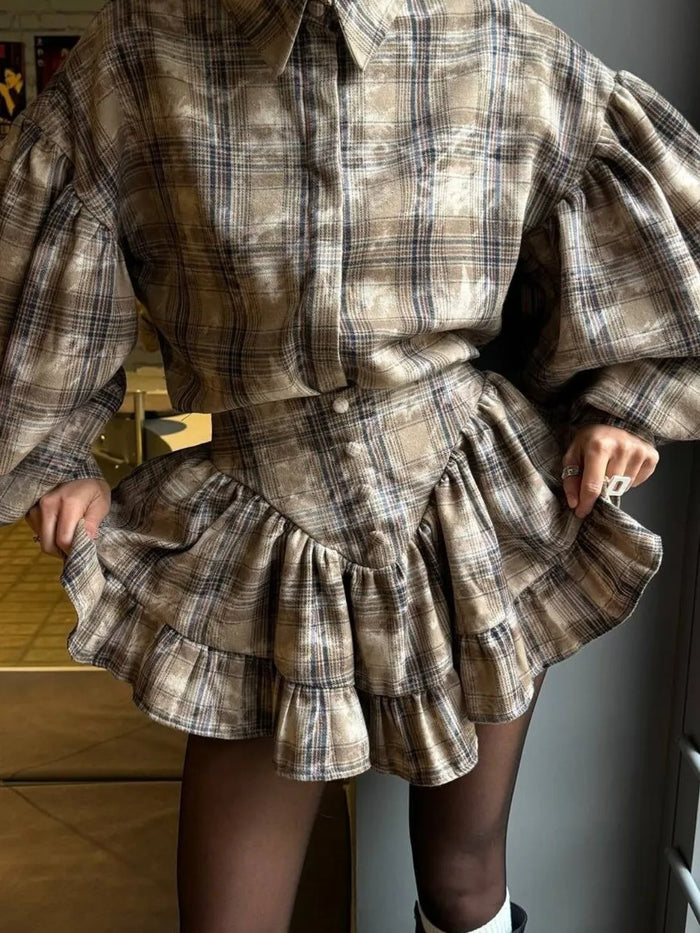 Lantern Sleeve Shirt and Ruffled Skirt Set - Lilixa.store