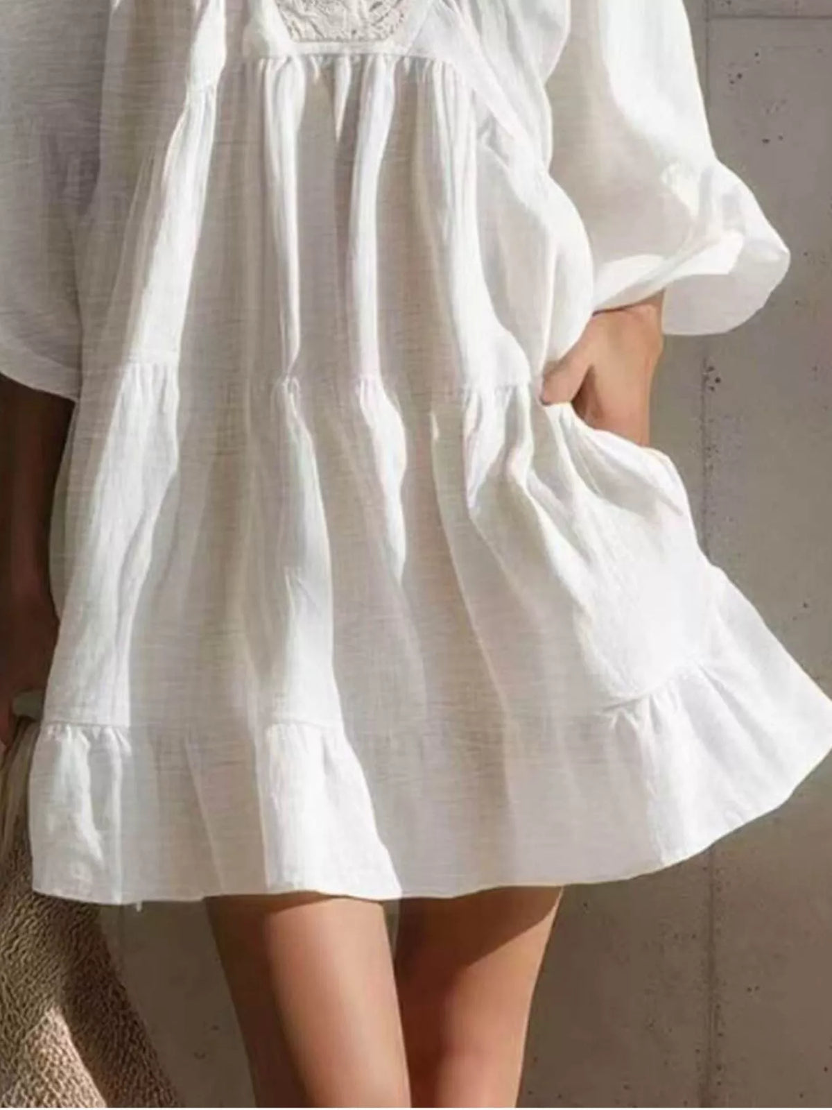Full Size Lace Trim Puff Sleeve Mini Dress Plus Size