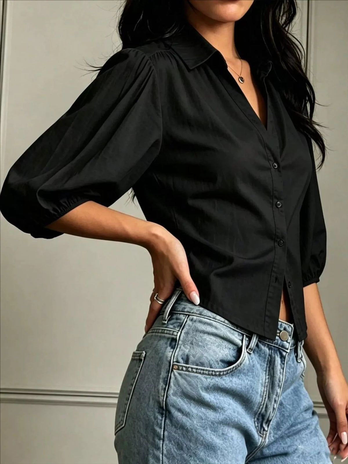 Button-Down Shirt with Puff Sleeves, view 6