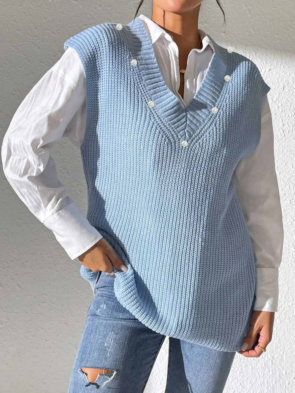 Pearl Trim V-Neck Sweater Vest in Light Blue