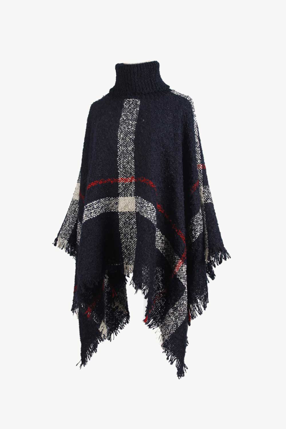 Plaid Turtleneck Raw Hem Poncho, view 9
