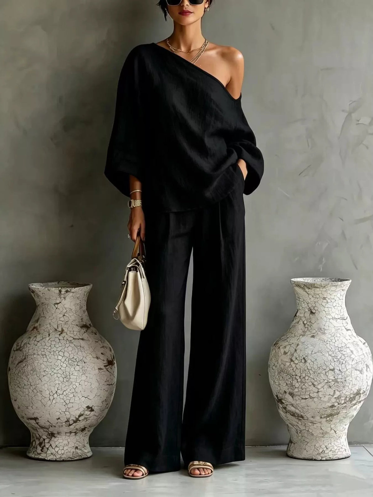One Shoulder Top and Wide Leg Pants Set - Lilixa.store